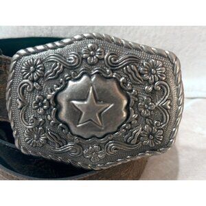 Vintage Western Star Buckle Brown Embossed Leather Belt With Floral Design & Sil